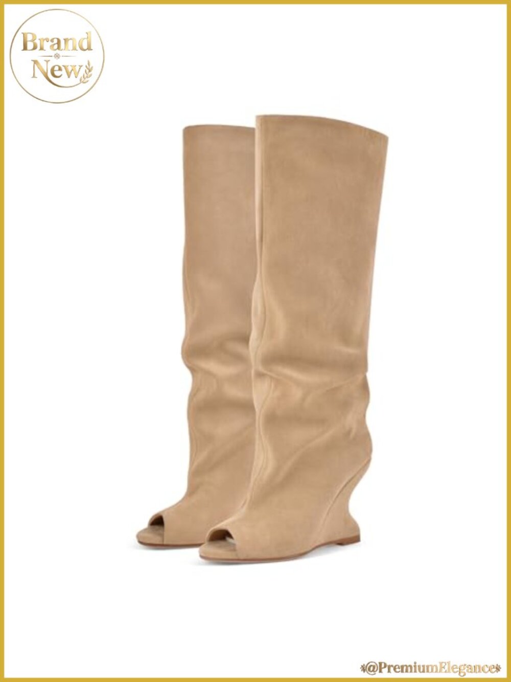 Faux Suede Wedge Knee High Sandal Boots Peep Toe Slouchy Pull On High Heels